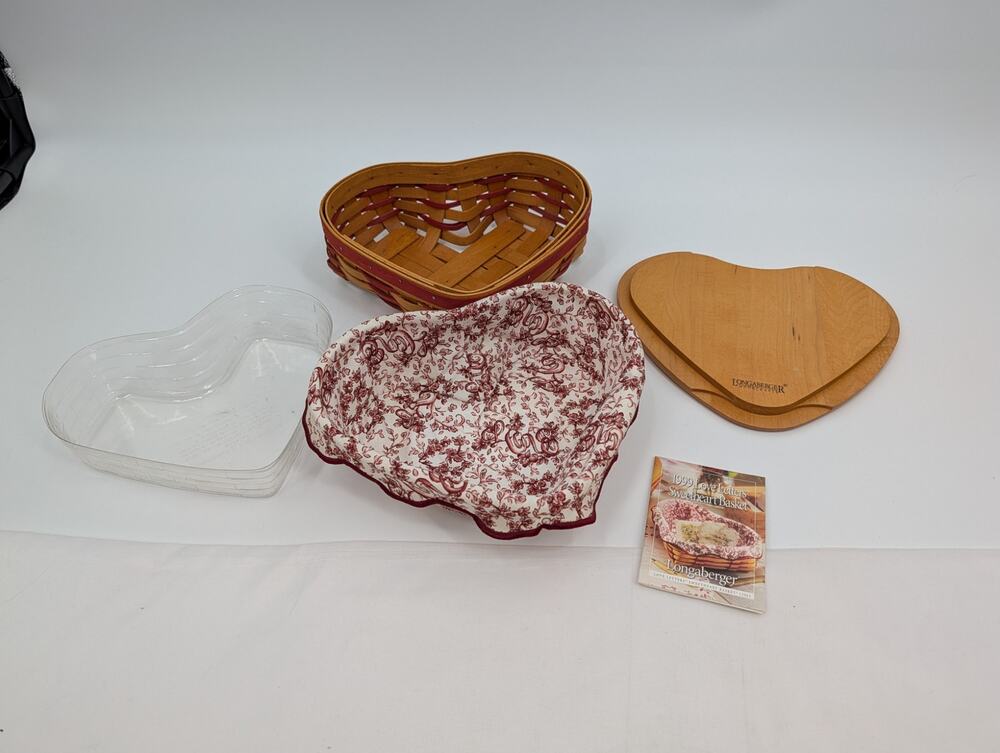 Longaberger 1999 Love Letters Sweetheart Basket, Lid, Liner, Protector, Booklet